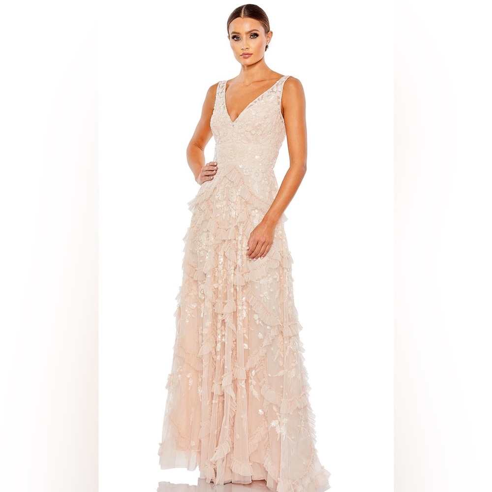 Mac Duggal Blush Embellished V-Neck Maxi Gown
